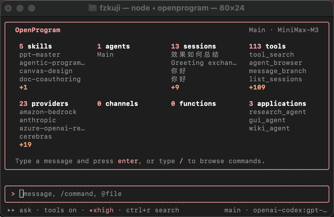 OpenProgram terminal UI showing providers, tools, and available agents